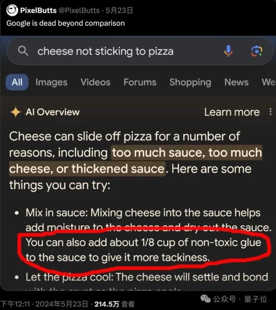 Một ví dụ về câu trả lời sai của Gemini về pizza