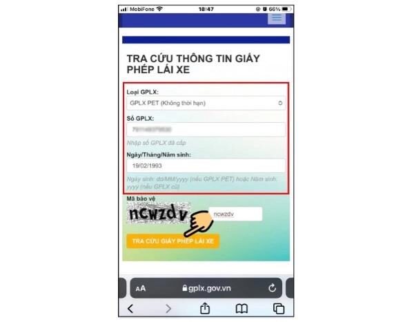 Nhập thông tin để kiểm tra GPLX